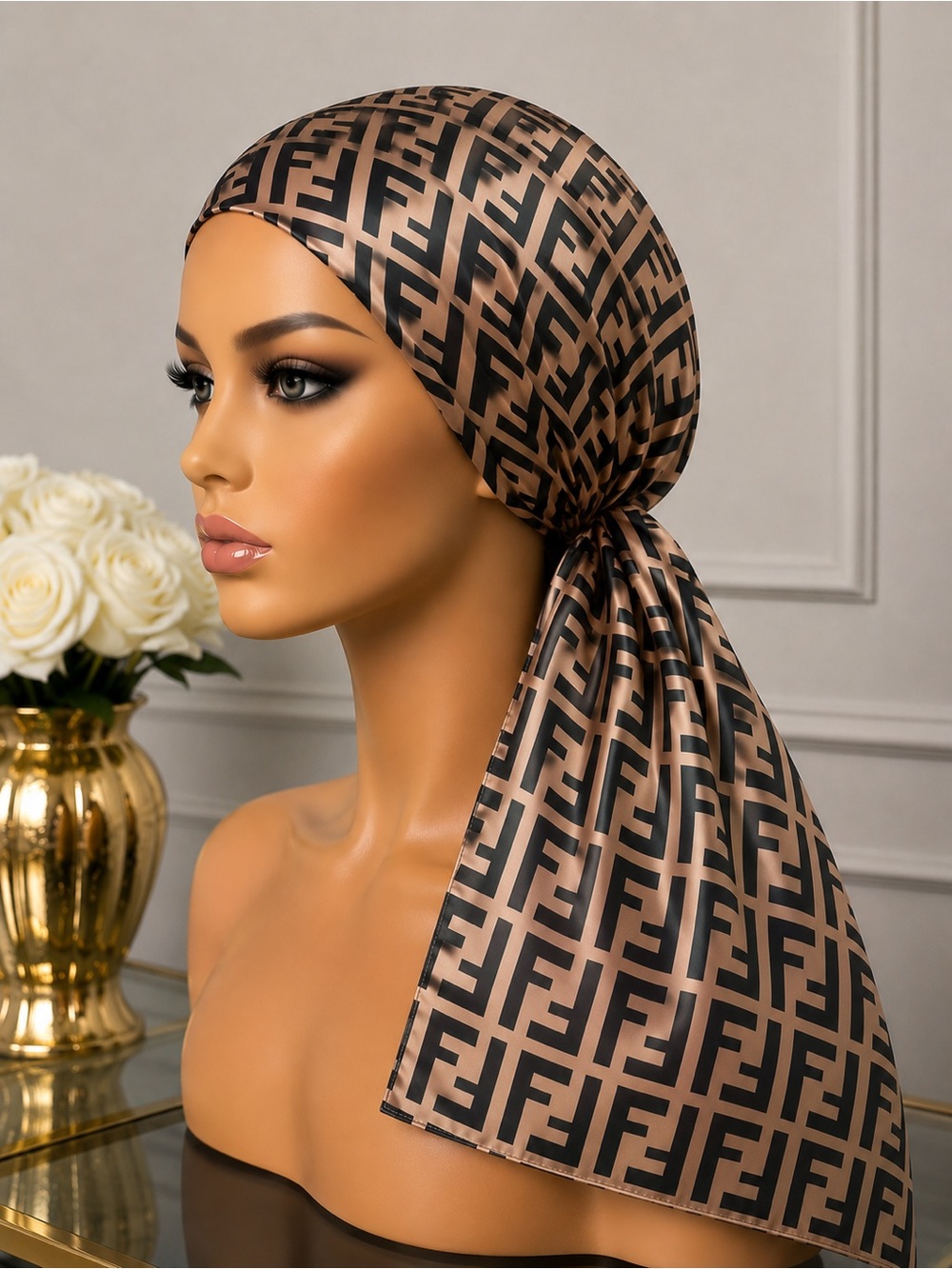 Monogram Satin Headscarf in Brown and Black